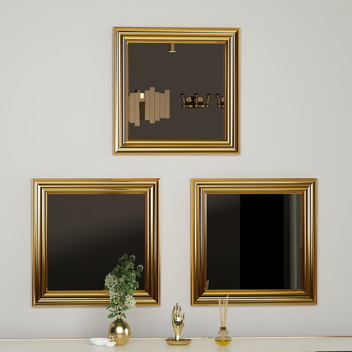 Hanah Home Juego de 3 Espejos Decorativos 'Otto - Gold' con Marco Dorado Brillante de MDF, 40x40x3 cm Hanah Home Juego de 3 Espejos Decorativos 'Otto - Gold' con Marco Dorado Brillante de MDF, 40x40x3 cm